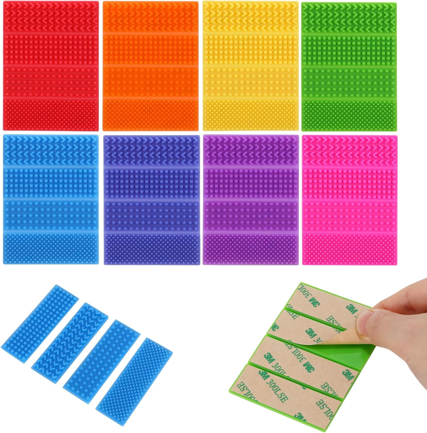 PuraEase Textured Sensory Stickers front view showing eight colorful silicone strips with distinct tactile patterns.