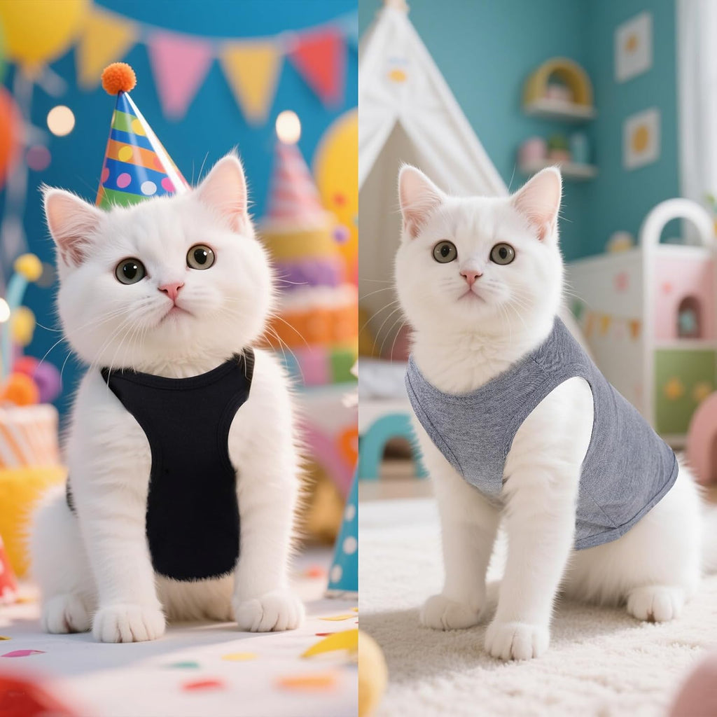 Pets wearing solid color sleeveless shirts