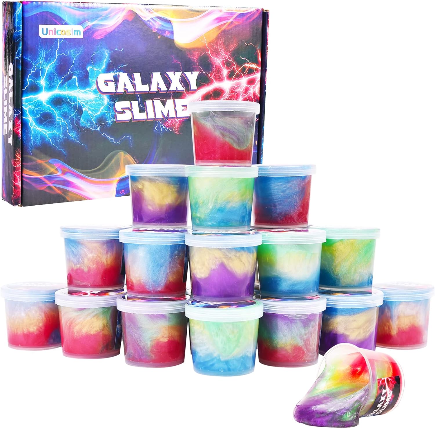 Unicoslm kids party favors galaxy slime front view of the twenty four pack colorful box packaging