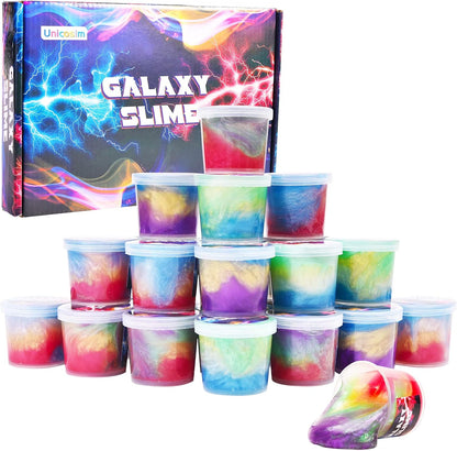 Unicoslm kids party favors galaxy slime front view of the twenty four pack colorful box packaging