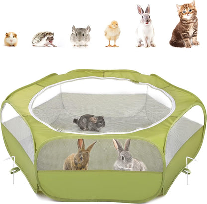 Pawaboo Small Animals Playpen, Waterproof Small Pet Cage Tent with Zippered Cover, Portable Outdoor Yard Fence with 3 Metal Rod for Chick/Kitten/Puppy/Guinea Pig/Rabbits/Hamster/Chinchillas,Green - Image 1