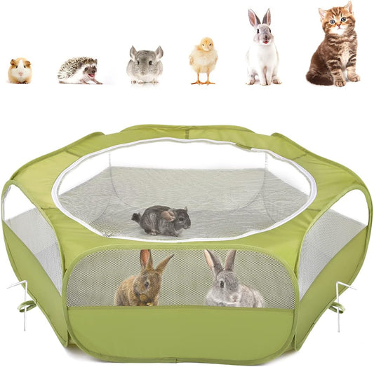 Pawaboo Small Animals Playpen, Waterproof Small Pet Cage Tent with Zippered Cover, Portable Outdoor Yard Fence with 3 Metal Rod for Chick/Kitten/Puppy/Guinea Pig/Rabbits/Hamster/Chinchillas,Green - Image 1