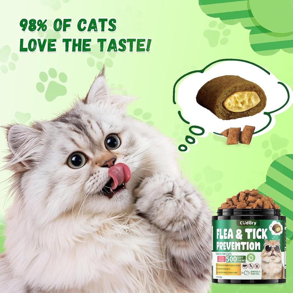 Close up of the crunchy and creamy cat flea chewables displaying their unique dual-texture formulation.
