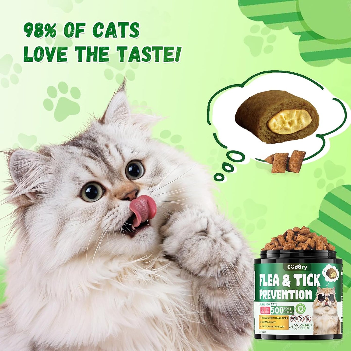 Close up of the crunchy and creamy cat flea chewables displaying their unique dual-texture formulation.