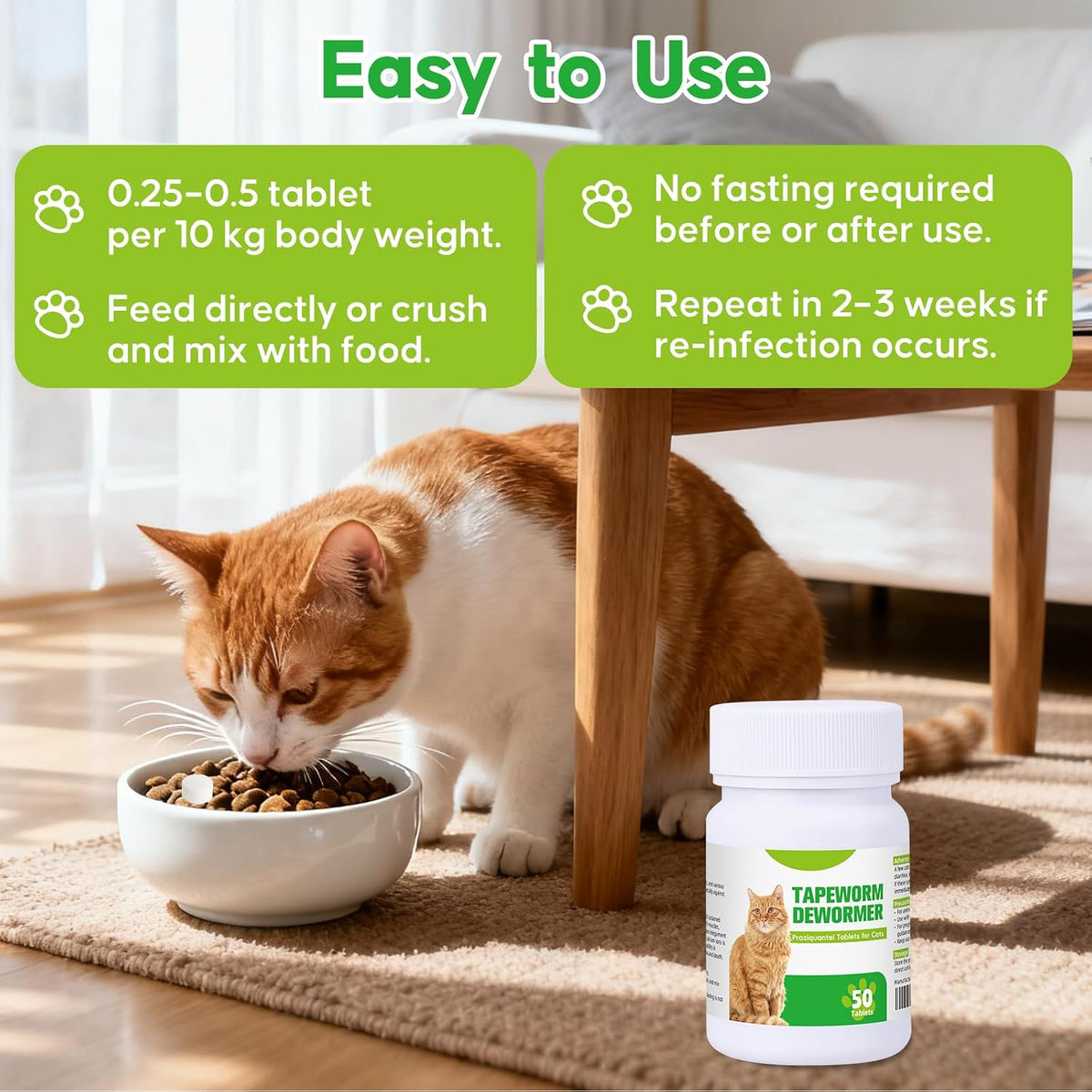 Cat deworming tablets package showing active ingredients and expiration date