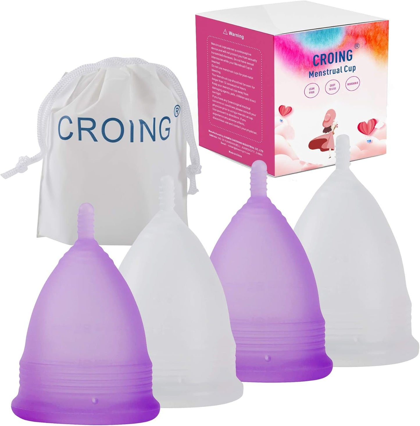 Croing Reusable Menstrual Cup Set front view 4 pack with sterilizer cups