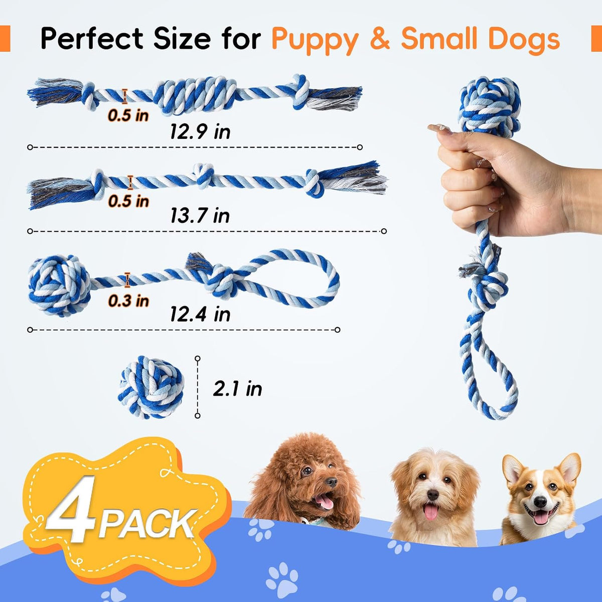 Wodoca puppy teething chew rope set featuring blue and white braided cotton designs
