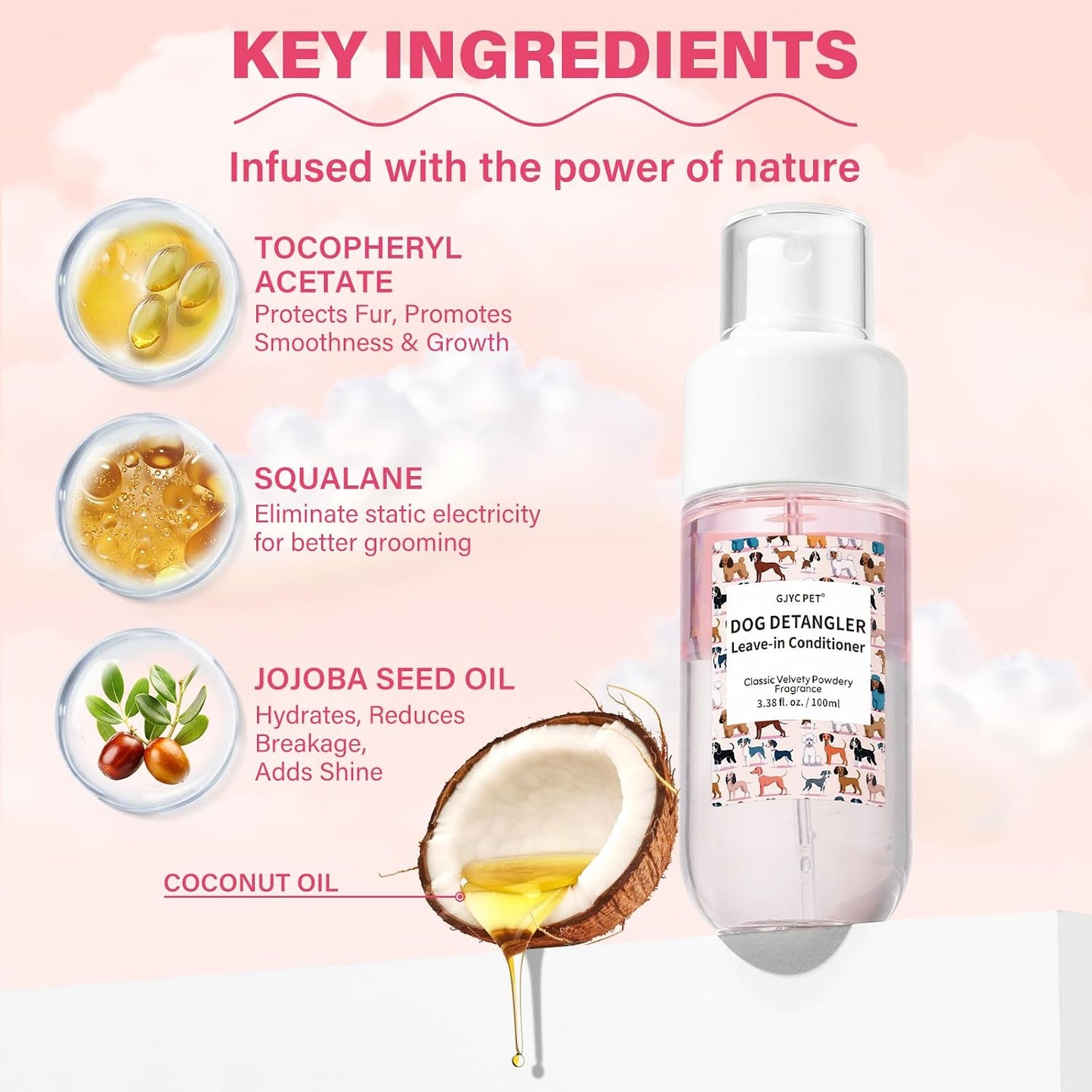 GJYC PET leave in conditioner spray bottle highlighting the classic powdery scent for dogs.