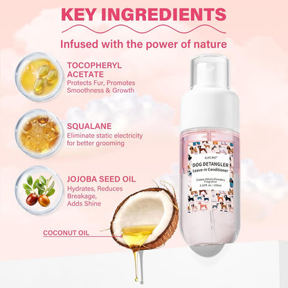GJYC PET leave in conditioner spray bottle highlighting the classic powdery scent for dogs.