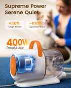 Oneisall dog hair vacuum being used to groom a long-haired dog safely at home.