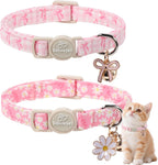 Babole Pet 2 Pack Pink Cat Collars front view displaying the cute pink plaid pattern and flower charms.