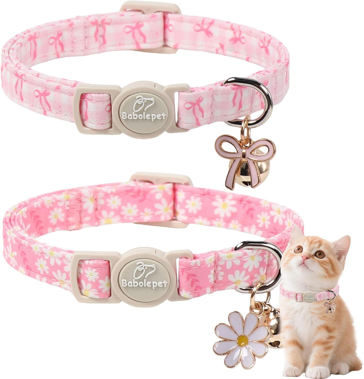 Babole Pet 2 Pack Pink Cat Collars front view displaying the cute pink plaid pattern and flower charms.