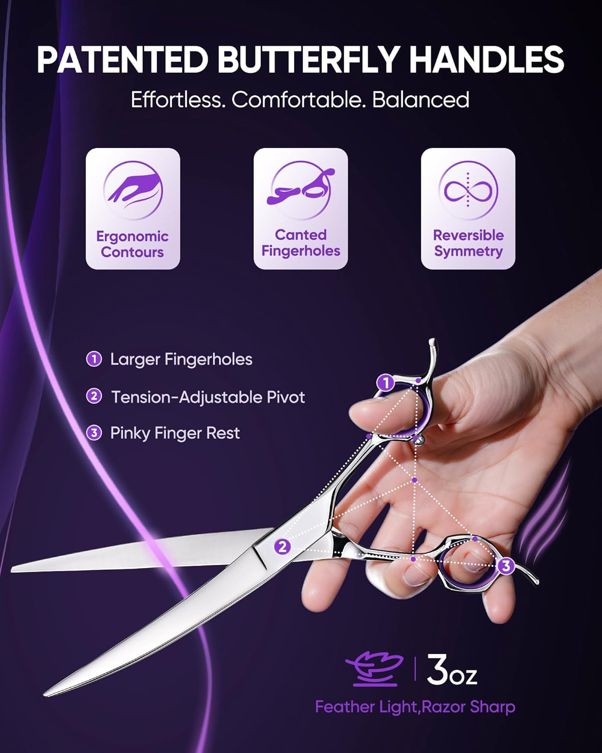 ULG dog scissors for grooming face and eyes close up on the reversible butterfly handle.