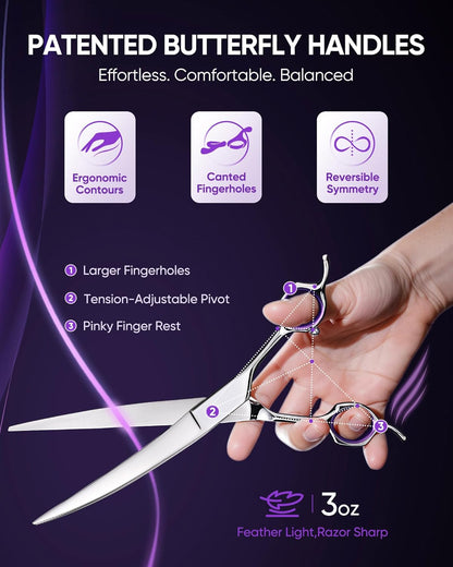ULG dog scissors for grooming face and eyes close up on the reversible butterfly handle.