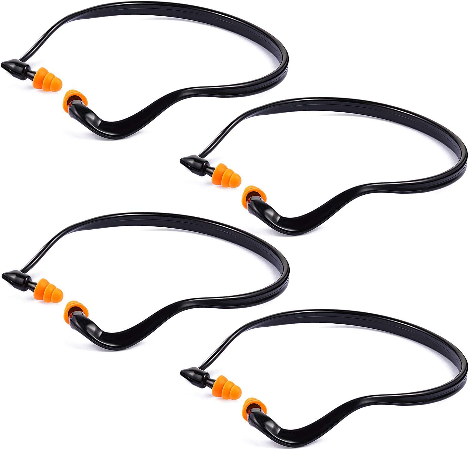 BBTO banded earplugs front view showing orange silicone tips and black neckband.