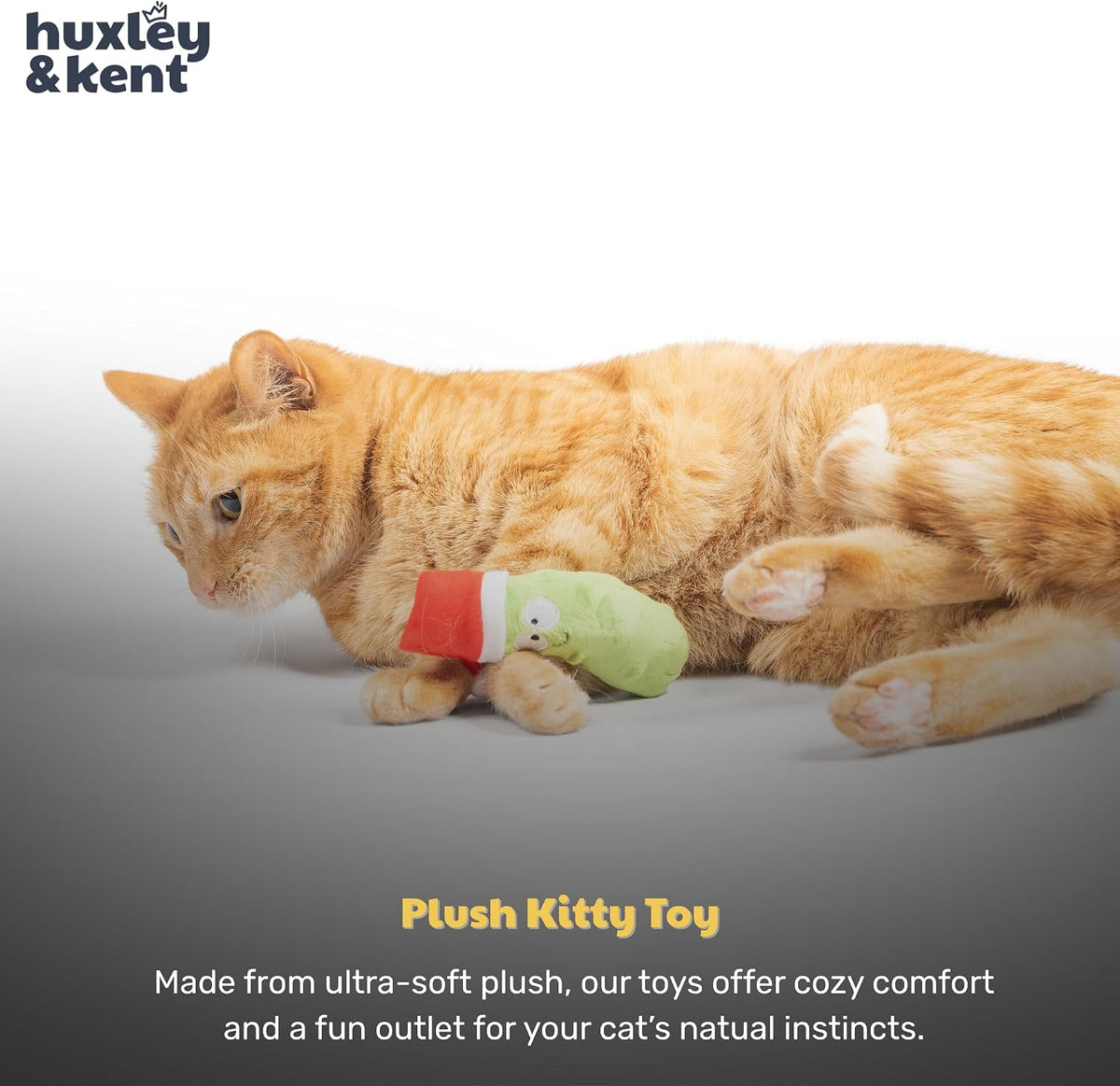 Durable holiday catnip plush toy for batting and bunny kicking.