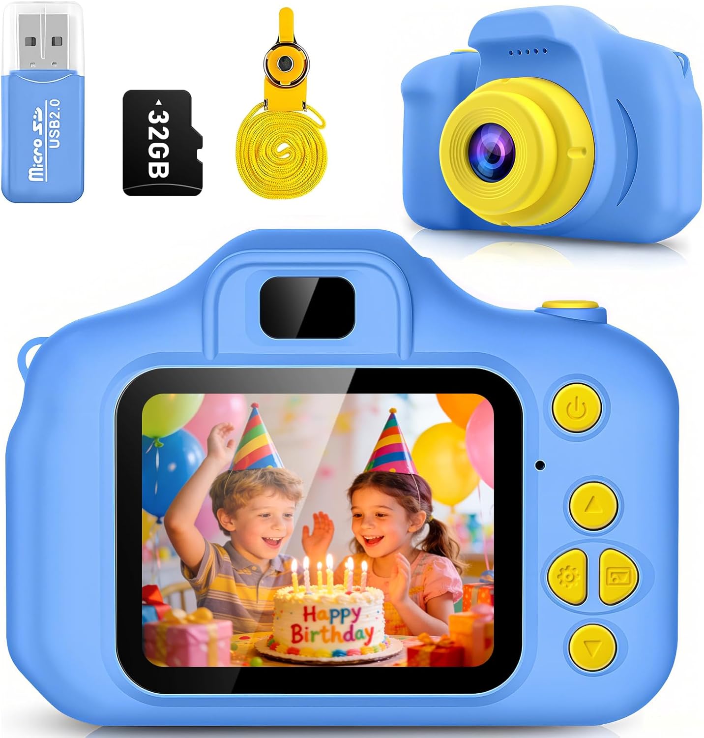 Desuccus Kids HD Digital Video Camera front view in vibrant blue with easy-to-press buttons.