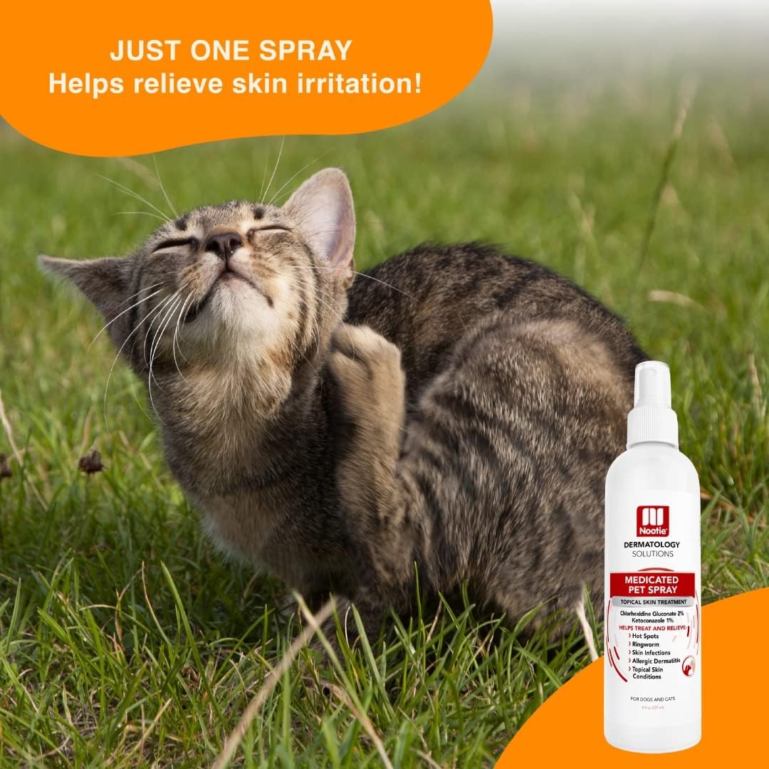 Close up of Nootie Medicated Pet Spray bottle with clinical branding