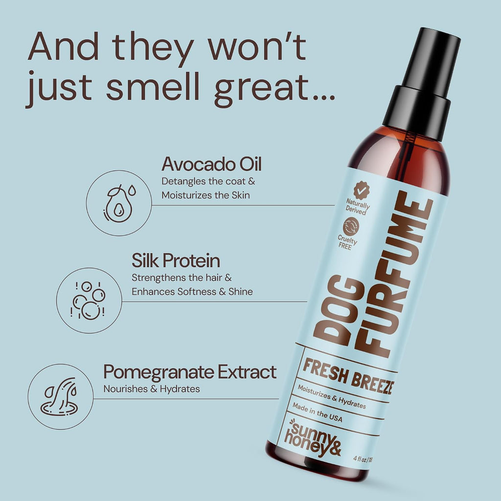Cruelty free hydrating pet perfume spray for shiny dog coats.