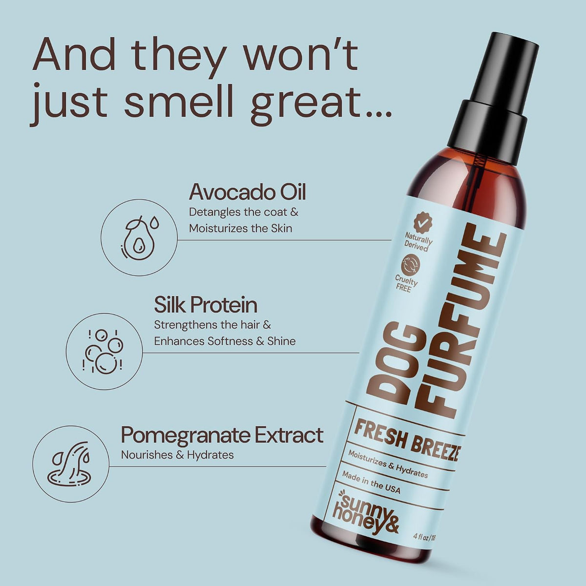 Cruelty free hydrating pet perfume spray for shiny dog coats.