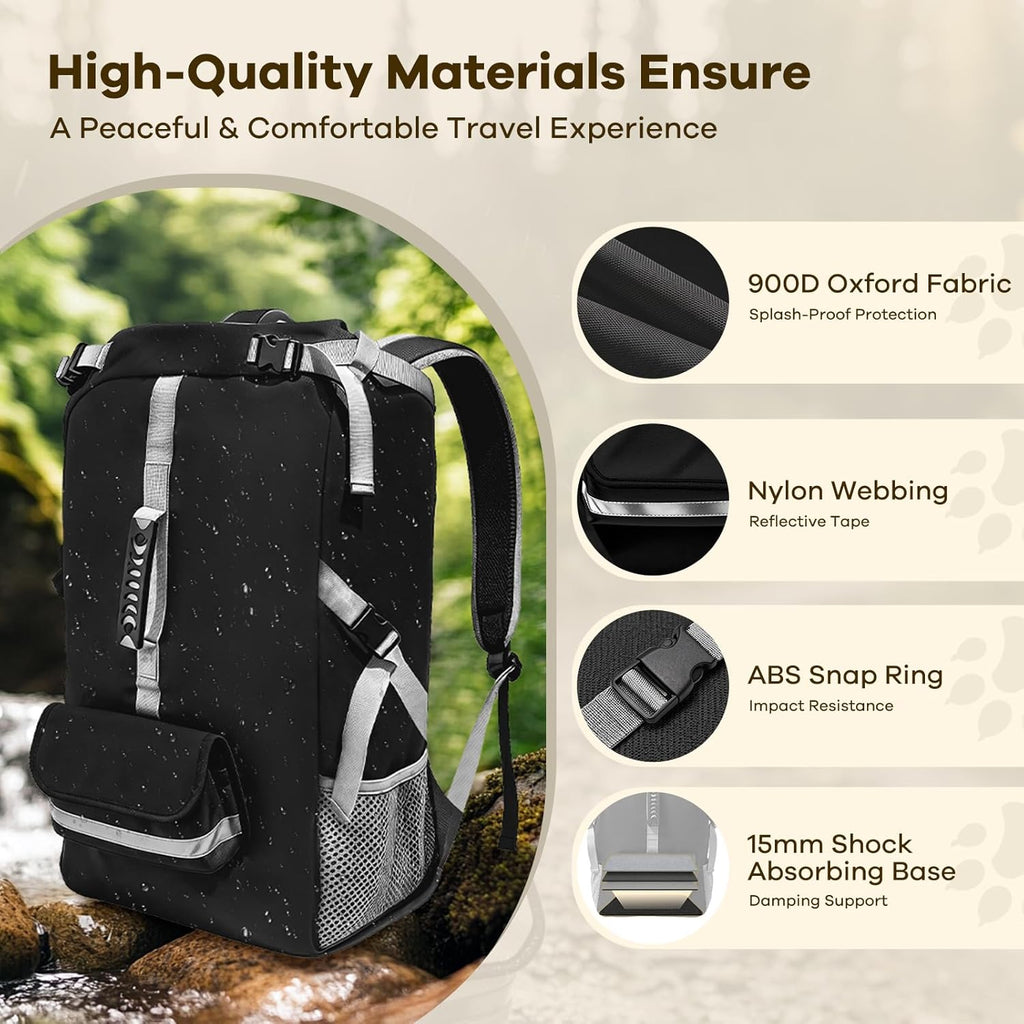 Rear perspective highlighting the ergonomic padded shoulder straps, waist support belts, and breathable back padding of the dog backpack.