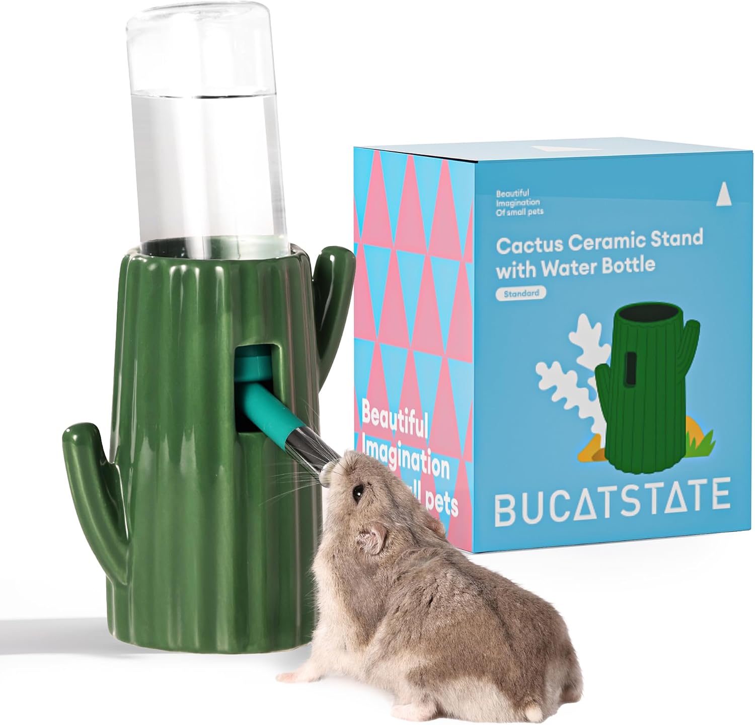 BUCATSTATE Cactus Ceramic Leakproof Hamster Water Bottle Gerbils Water Bottles with Holder Water Feeder for Small Animals (Green) - Image 1