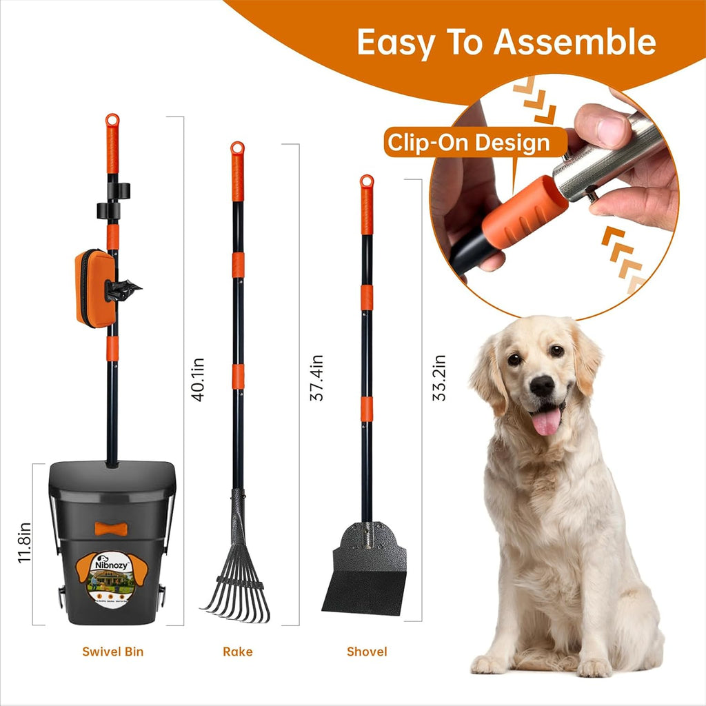 Complete Nibnozy dog pooper scooper set including the dispenser rake spade and swivel bin packaging.