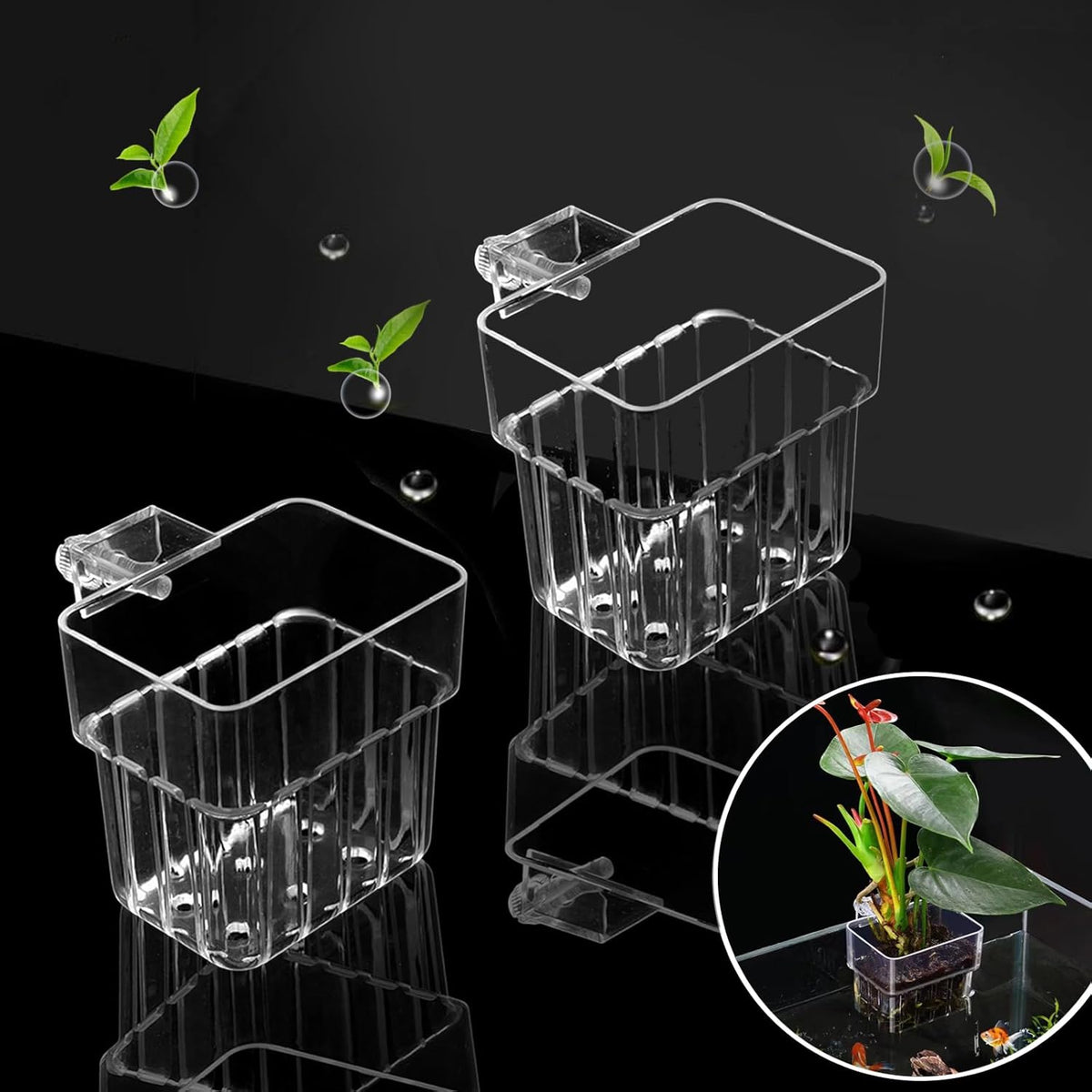 GLEFLE clear acrylic aquarium plant holder front view hanging on a glass fish tank rim with live aquatic greenery.
