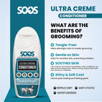 Soos pet conditioner bottle next to dog and cat grooming accessories