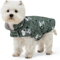 Berkshire Blanket Peanuts microfleece dog coat front view showcasing dark sage color and Snoopy print