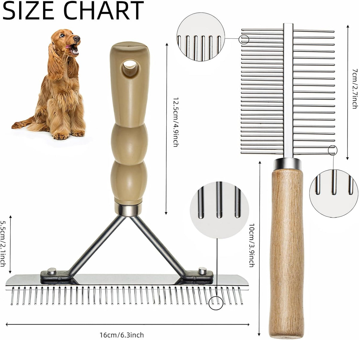 Grooming rake penetrating thick double fur of a German Shepherd dog