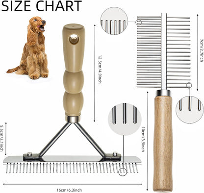 Grooming rake penetrating thick double fur of a German Shepherd dog