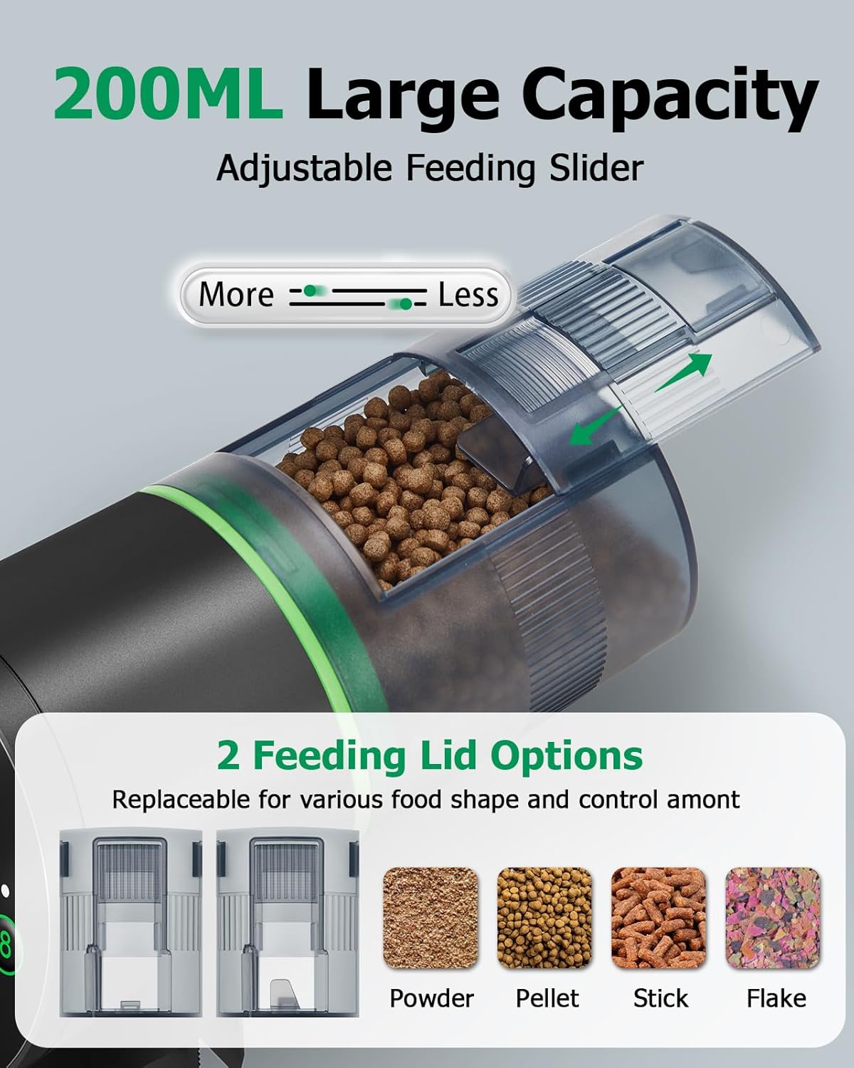 Papettly smart vacation fish feeder showing the adjustable slider slot for portion control.