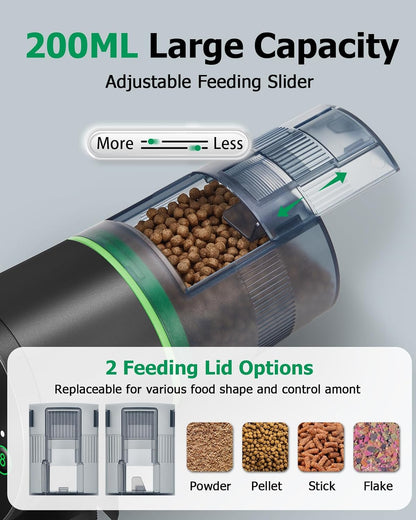 Papettly smart vacation fish feeder showing the adjustable slider slot for portion control.