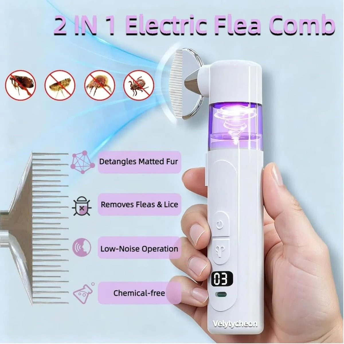 Velytycheon rechargeable pet lice comb side profile
