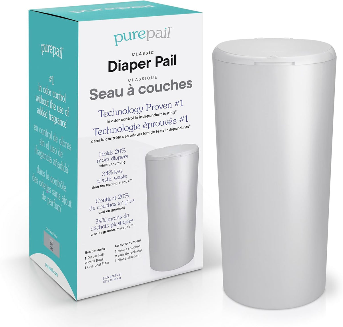 PurePail Classic Diaper Pail gray front view commercial display