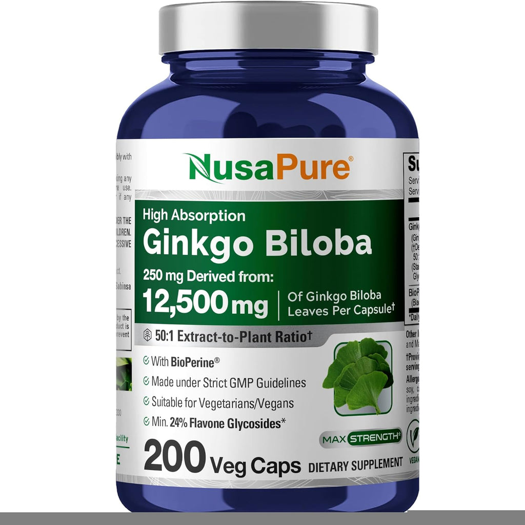 NusaPure Ginkgo Biloba 250 mg 200 vegetarian capsules front view bottle for memory support