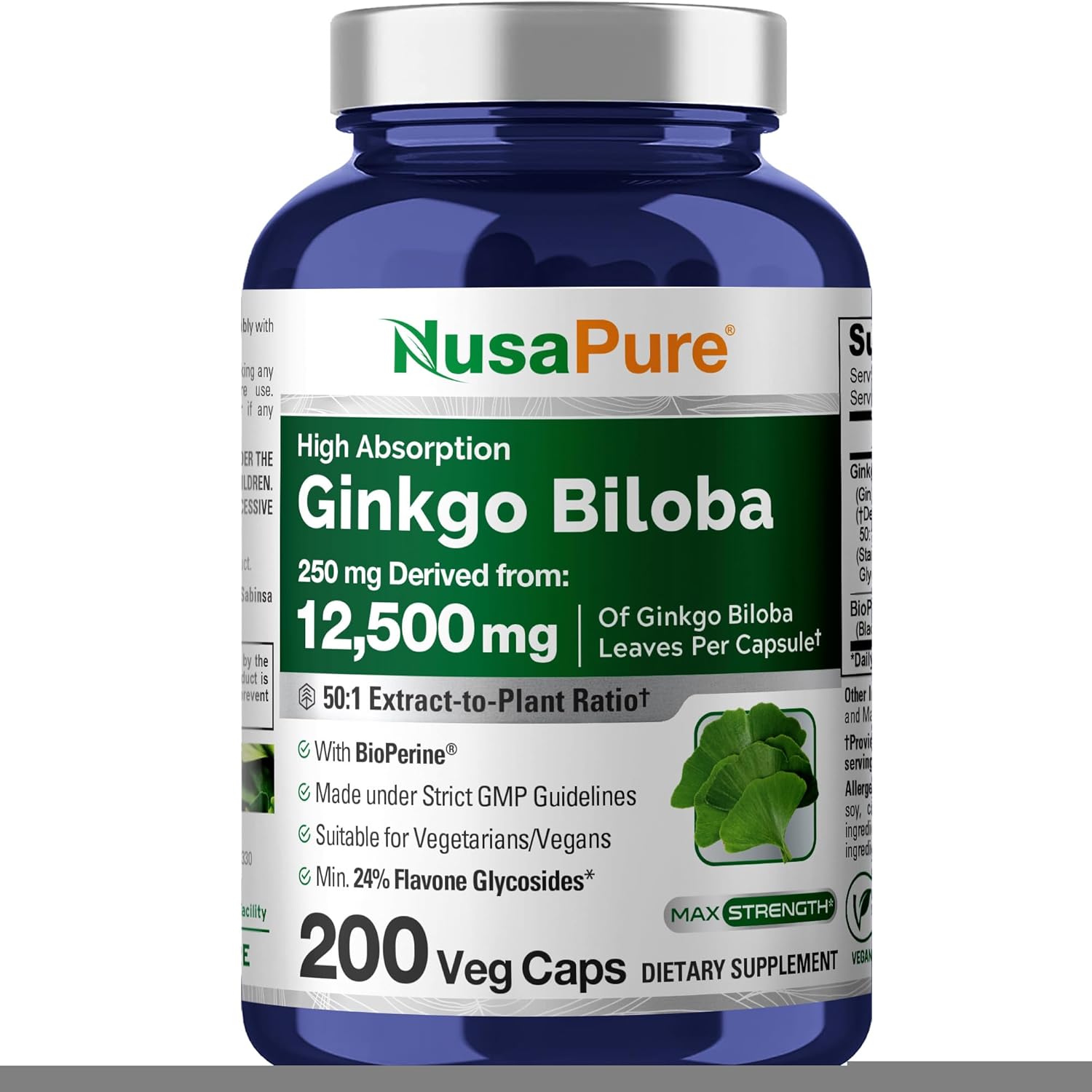 NusaPure Ginkgo Biloba 250 mg 200 vegetarian capsules front view bottle for memory support