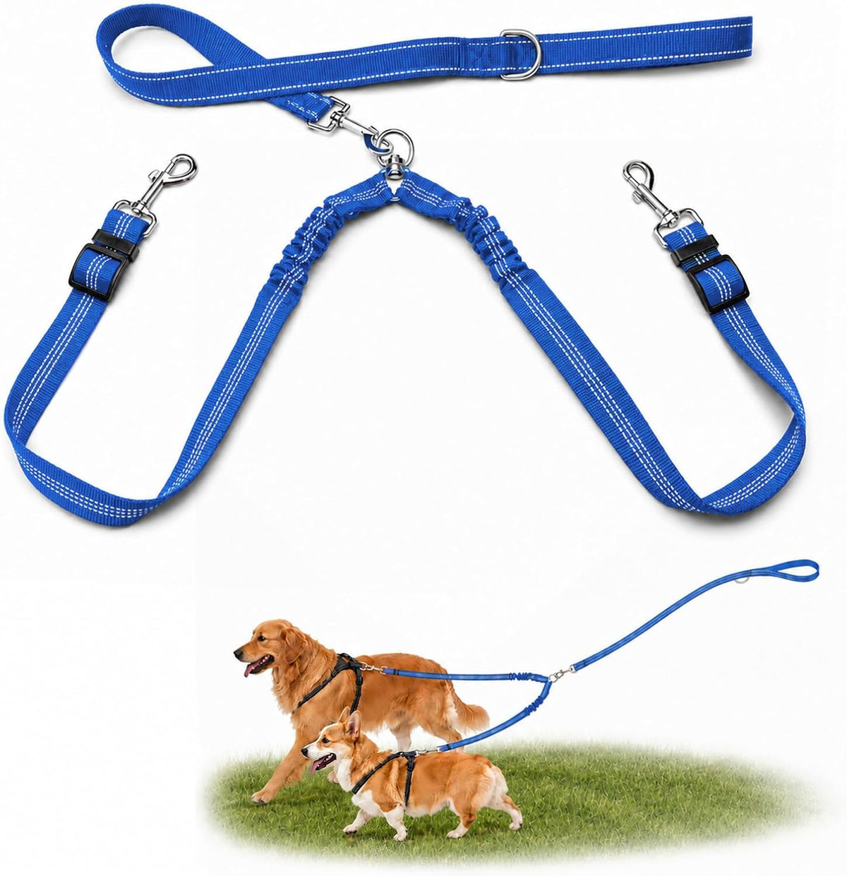 Double Dog Leash for Two Dogs, Complete Set with 31.5" Main Leash + Adjustable Splitter, Padded Handle, D-Ring, 360 degrees Swivel, Shock-Absorbing Bungee, Reflective for Small Medium Large Dogs (Black) - Image 10