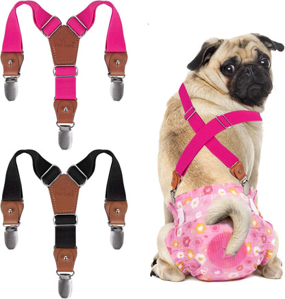 Pet Soft female dog diaper suspenders front view in black and pink colors