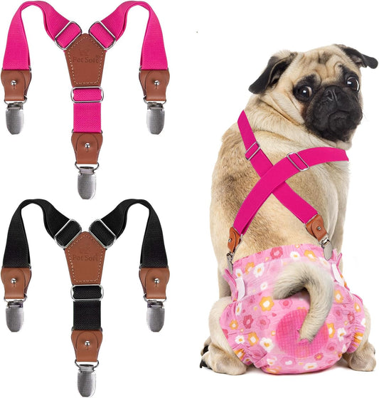 Pet Soft female dog diaper suspenders front view in black and pink colors