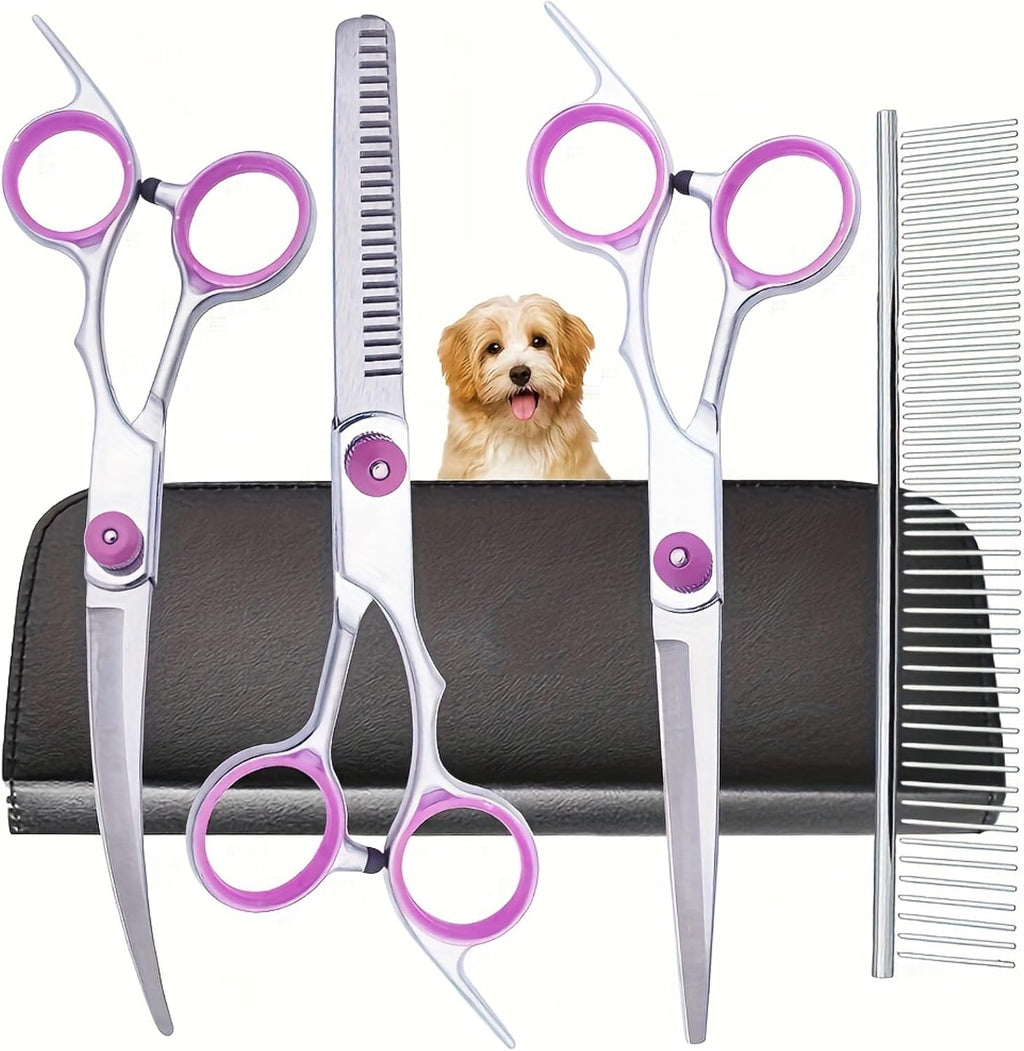 PAWCHIE 5 in 1 pet grooming scissors set front view showing stainless steel shears and comb for professional dog styling.