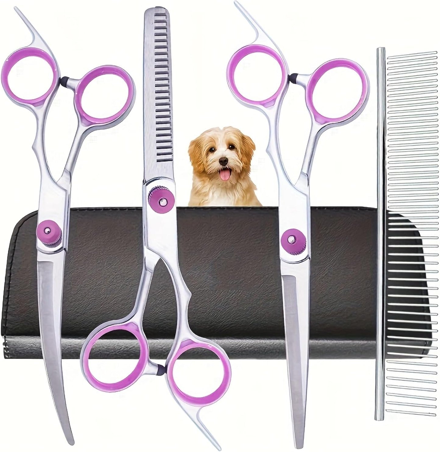 PAWCHIE 5 in 1 pet grooming scissors set front view showing stainless steel shears and comb for professional dog styling.