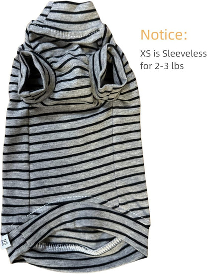 Sphynx cat wearing comfortable striped cotton turtleneck shirt