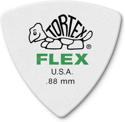 Jim Dunlop Tortex Flex Triangle green guitar picks pack of six front view showcase.