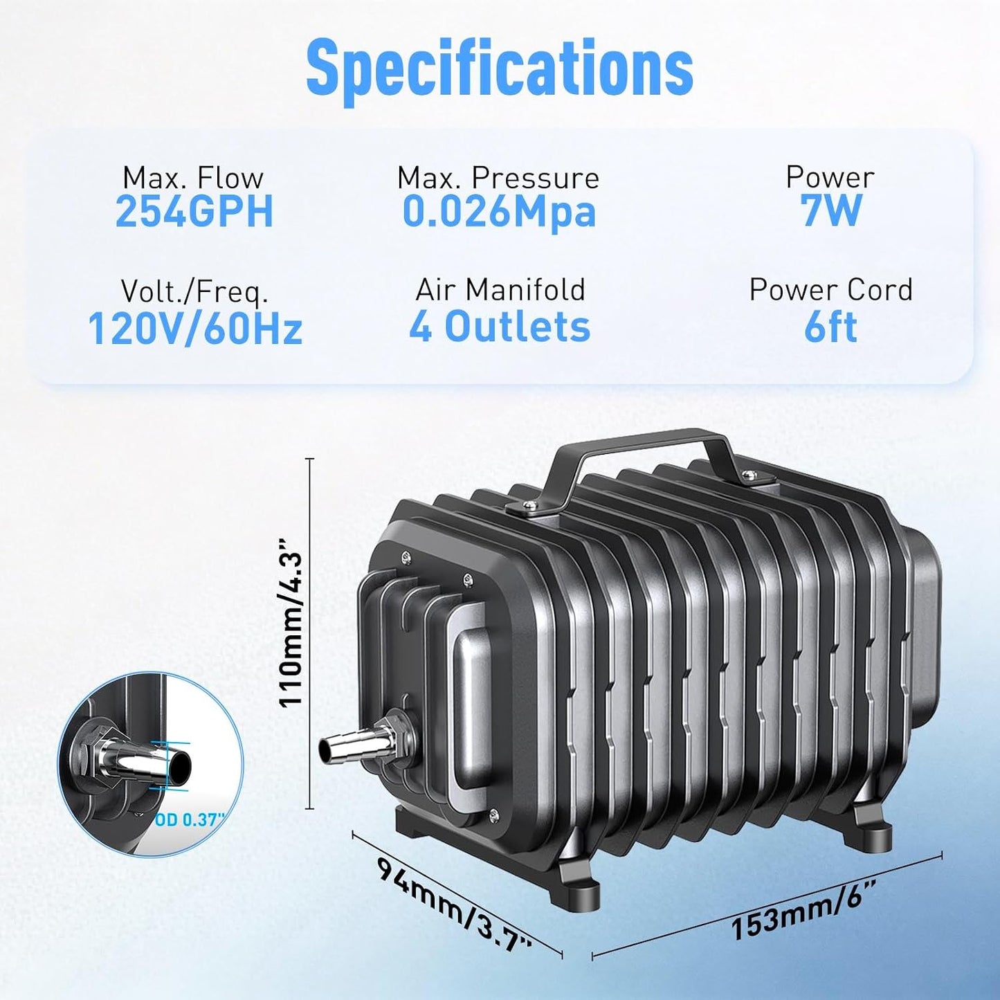 Close up of Devopet 254GPH aquarium air pump rotary airflow control