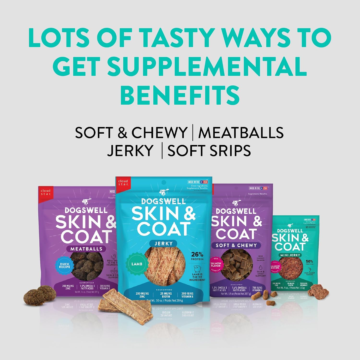 Healthy dog eating Dogswell skin and coat salmon jerky