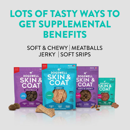 Healthy dog eating Dogswell skin and coat salmon jerky