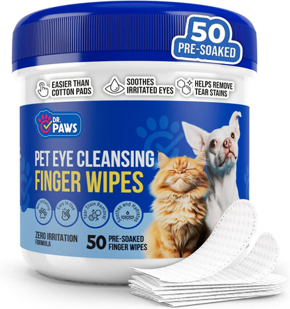 The Eye Doctor Dr Paws Choice Pet Eye Cleansing Finger Wipes front view showing fifty wipes container.