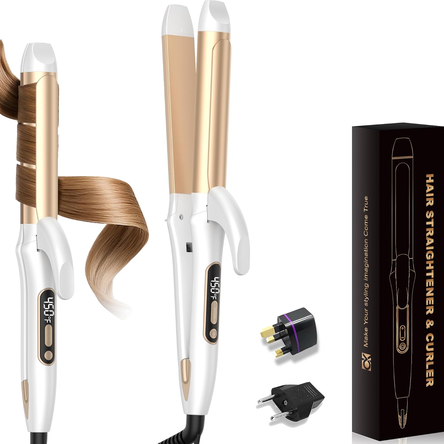 UMIGA 2 in 1 hair curler and straightener front view showing white and gold ceramic barrel.